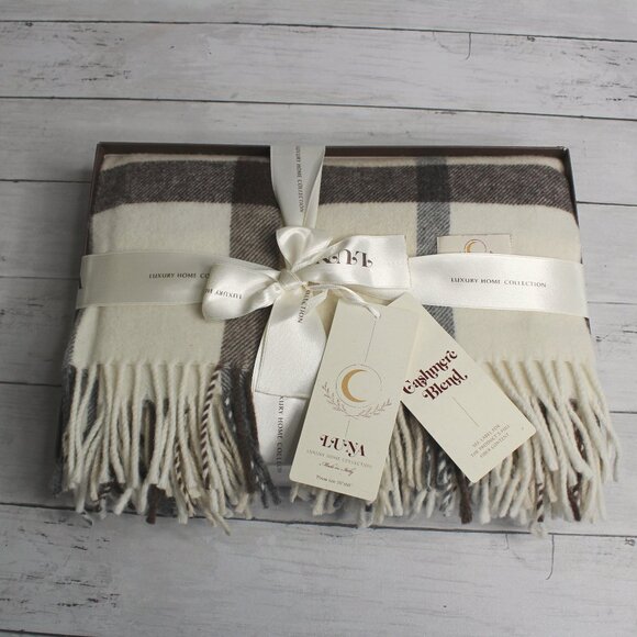 Luna Cashmere Wool Plaid Throw Blanket Made in Italy Cream Brown Beige Gray